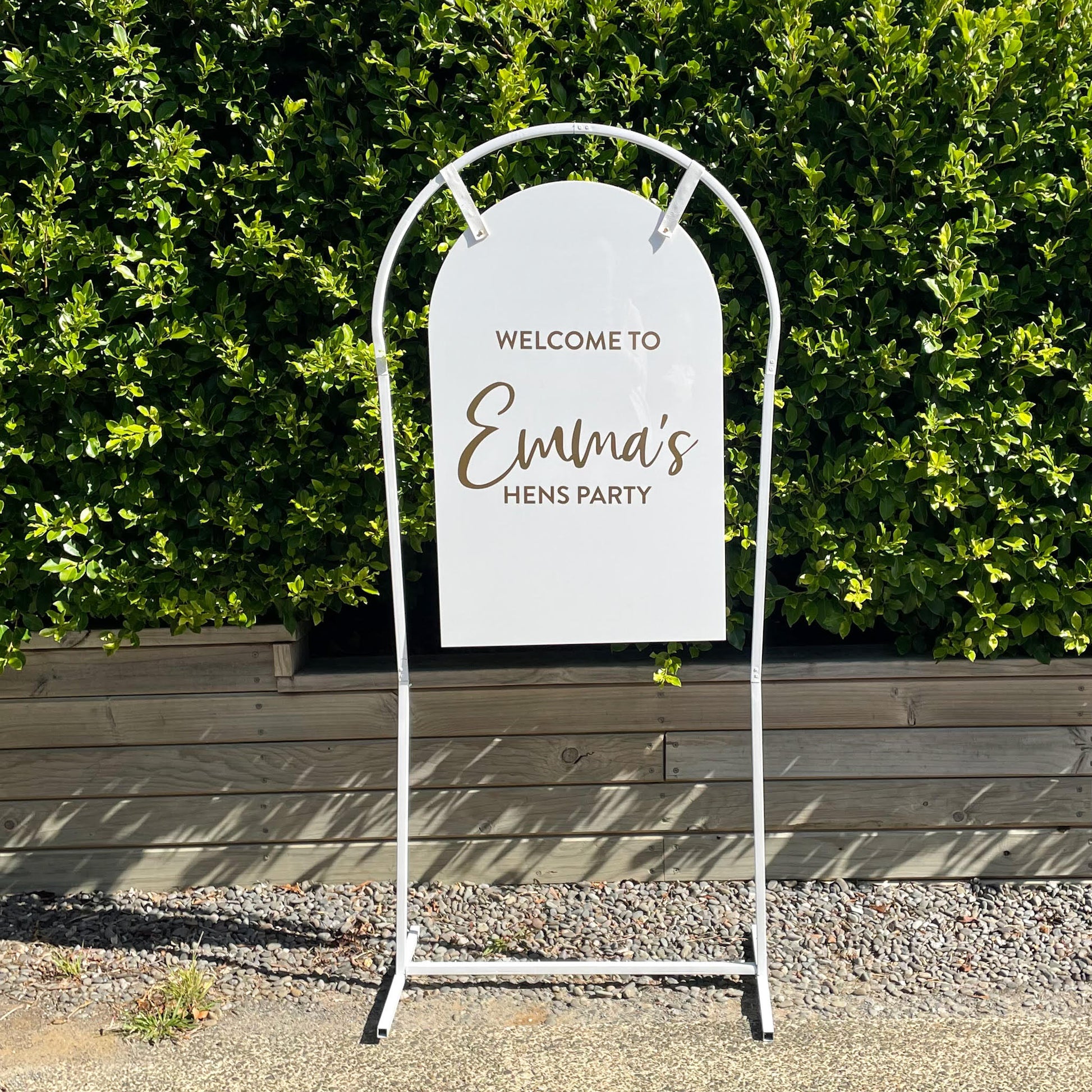 White arch sign for parties and events